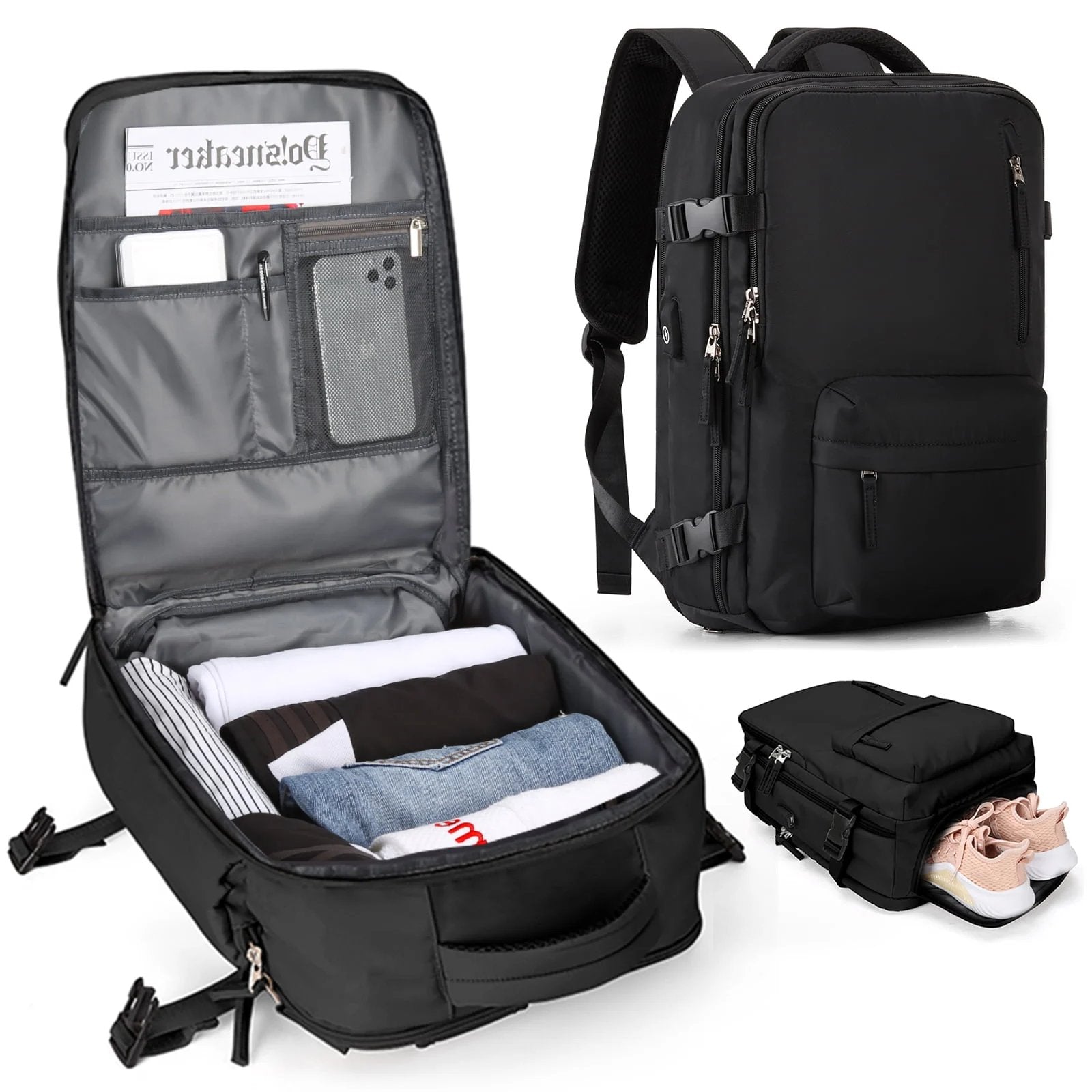 Black Fitlybuy travel backpack showing organized compartments, packed clothes, a shoe pocket, and USB charging port.