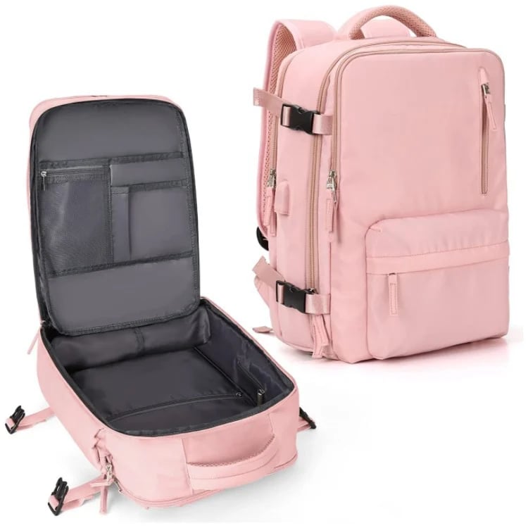 Pink Fitlybuy travel backpack showing an open main compartment with organizer pockets and a closed view with side straps.