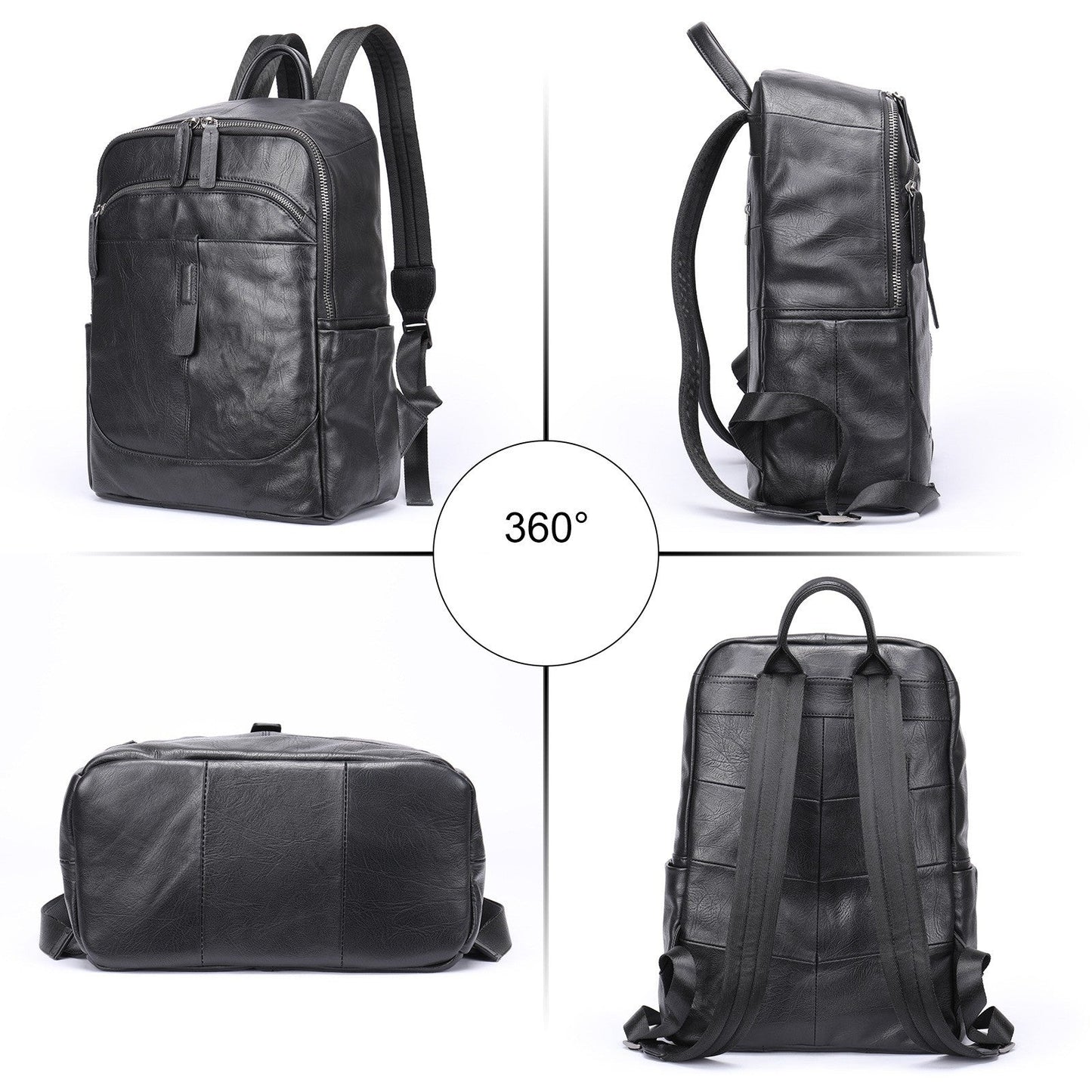 Fitlybuy Prestige Voyager black leather backpack showing 360-degree views, including zippers, straps, and 15.6" laptop fit.