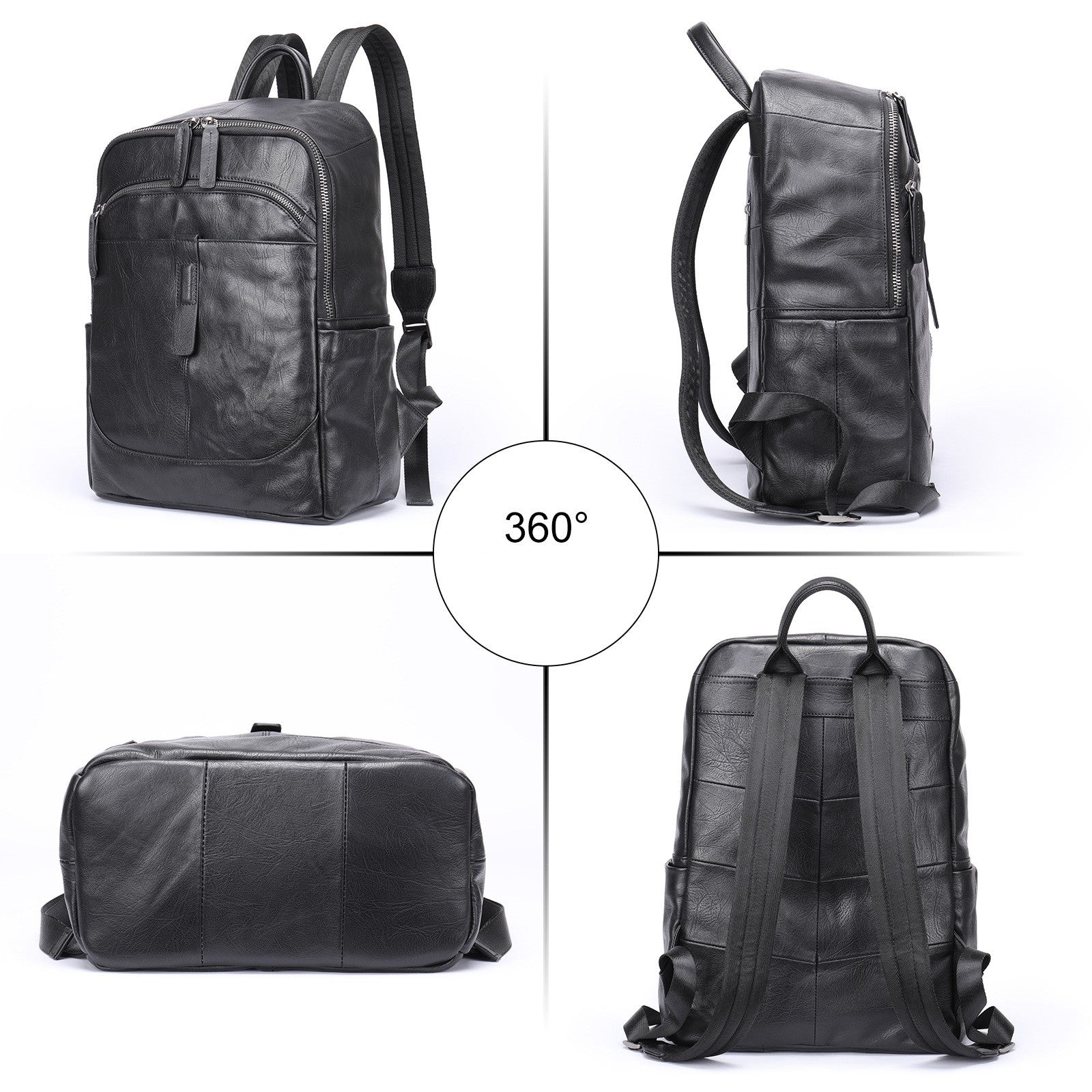 Fitlybuy Prestige Voyager black leather backpack showing 360-degree views, including zippers, straps, and 15.6" laptop fit.