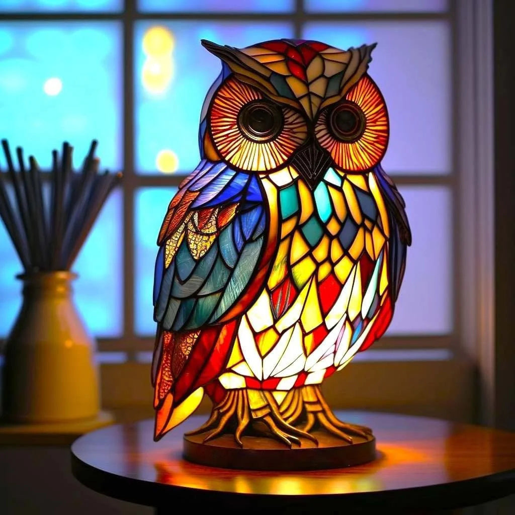 Fitlybuy colorful stained-glass owl lamp glowing on a wooden table, featuring intricate multi-colored mosaic patterns.