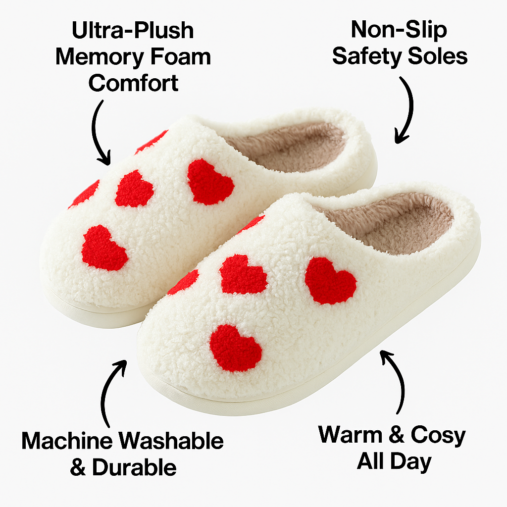 Fitlybuy white plush slippers with red hearts, featuring memory foam, non-slip soles, and labels for key features.