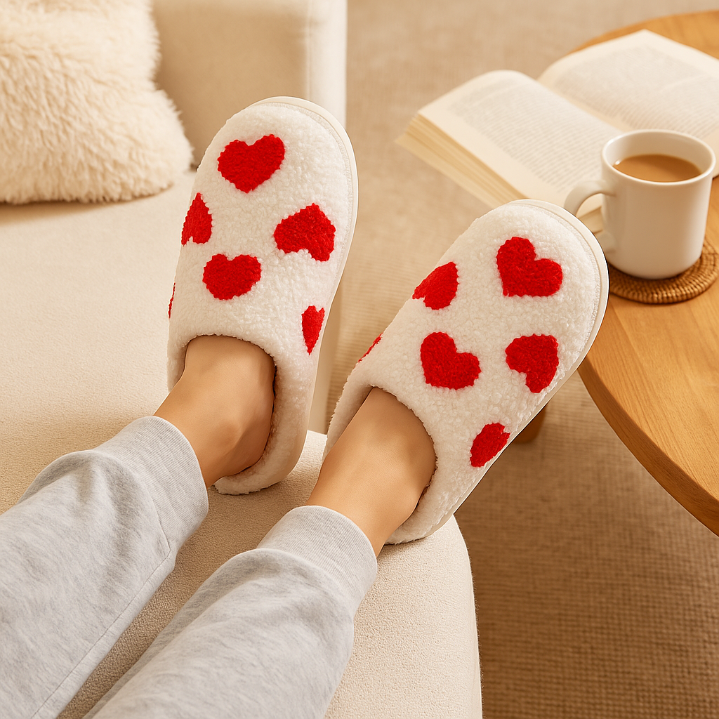 Fitlybuy white, fuzzy heart-print memory foam slippers worn on a sofa next to a book and coffee.