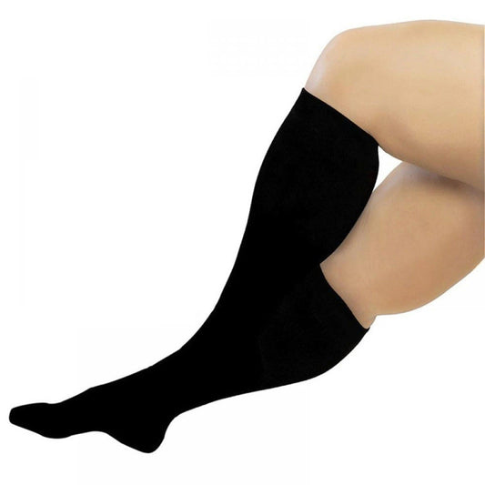 Fitlybuy VitalFlow black plus-size compression socks worn on a leg for improved circulation support.