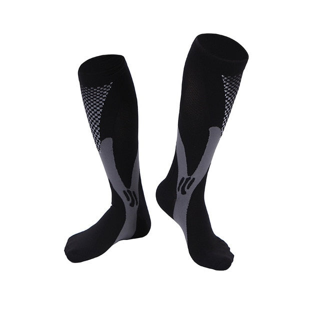 Fitlybuy AMS compression socks: black knee-high athletic socks with grey arch support and checkered pattern on calf.