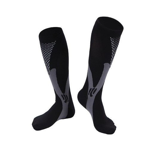 Fitlybuy AMS compression socks: black knee-high athletic socks with grey arch support and checkered pattern on calf.
