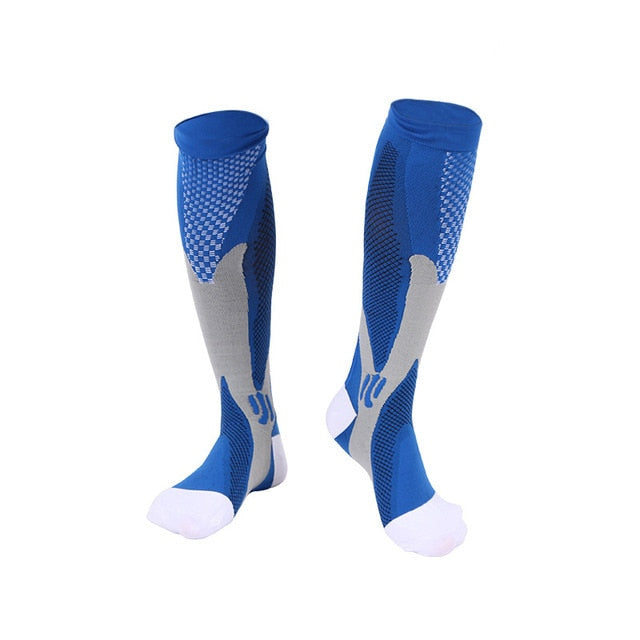 Fitlybuy AMS compression socks in blue, grey, and white featuring advanced support knit patterns on a white background.