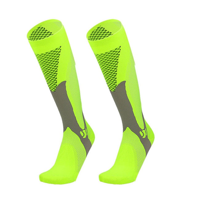 Fitlybuy AMS neon yellow compression socks with gray support panels and breathable checkered patterns.