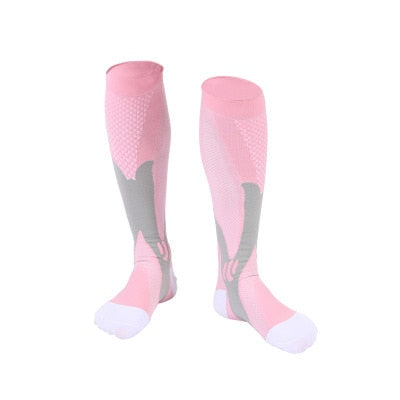 Fitlybuy AMS compression socks in pink and white with grey anatomical support panels on a plain white background.
