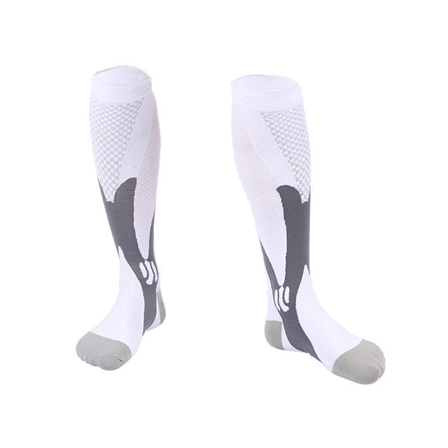 Fitlybuy AMS white and grey compression socks with patterned calf support and reinforced toes on a plain background.