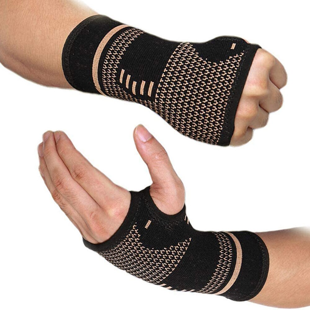 Fitlybuy black and copper compression wrist sleeve with thumb hole worn on hand, showing support and heat therapy design.