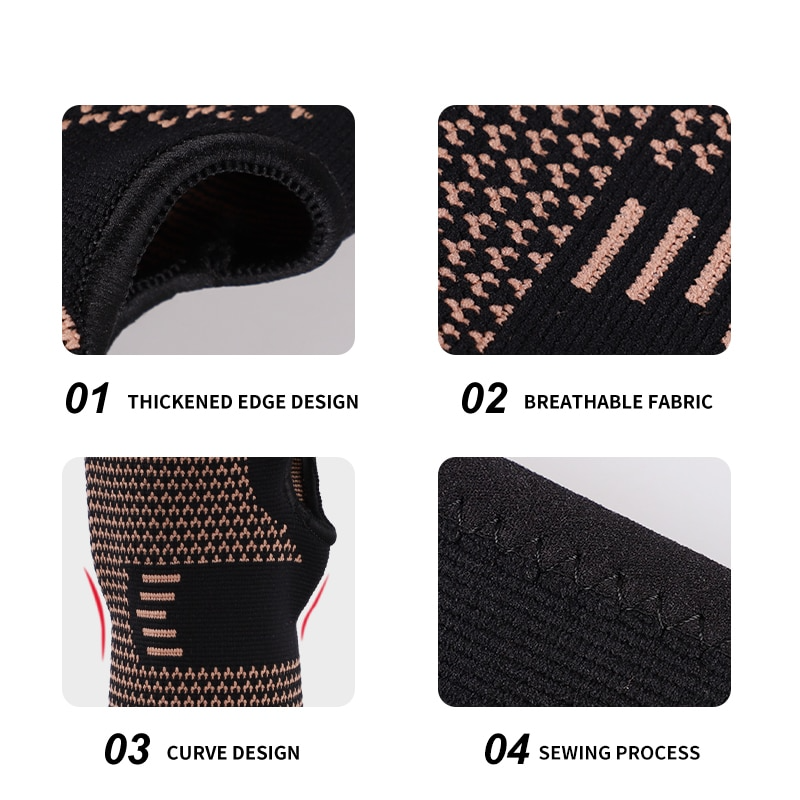 Fitlybuy copper wrist compression sleeve showing thickened edges, breathable fabric, ergonomic curve, and quality sewing.