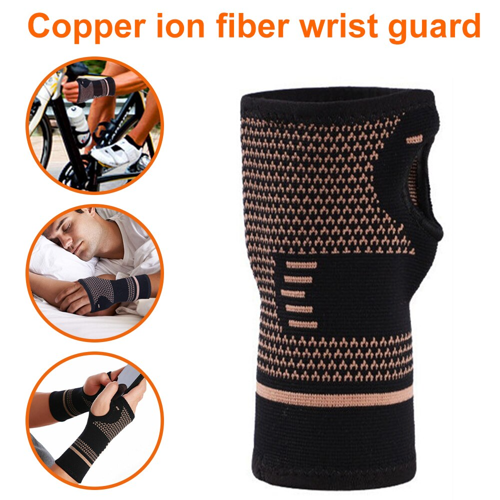 Black and copper compression wrist sleeve shown worn for cycling, sleeping, and daily activities.