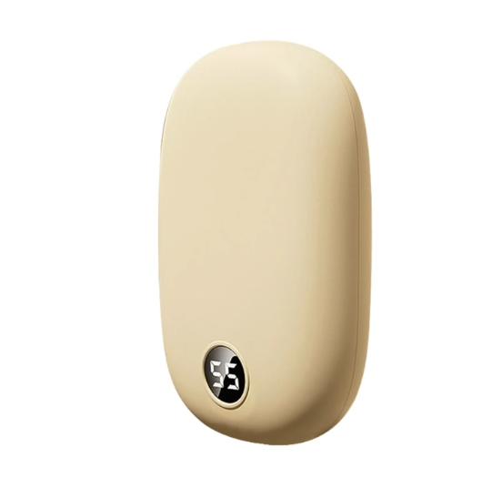Beige 2-in-1 Fitlybuy hand warmer and power bank with a digital temperature display on a smooth, rounded body.