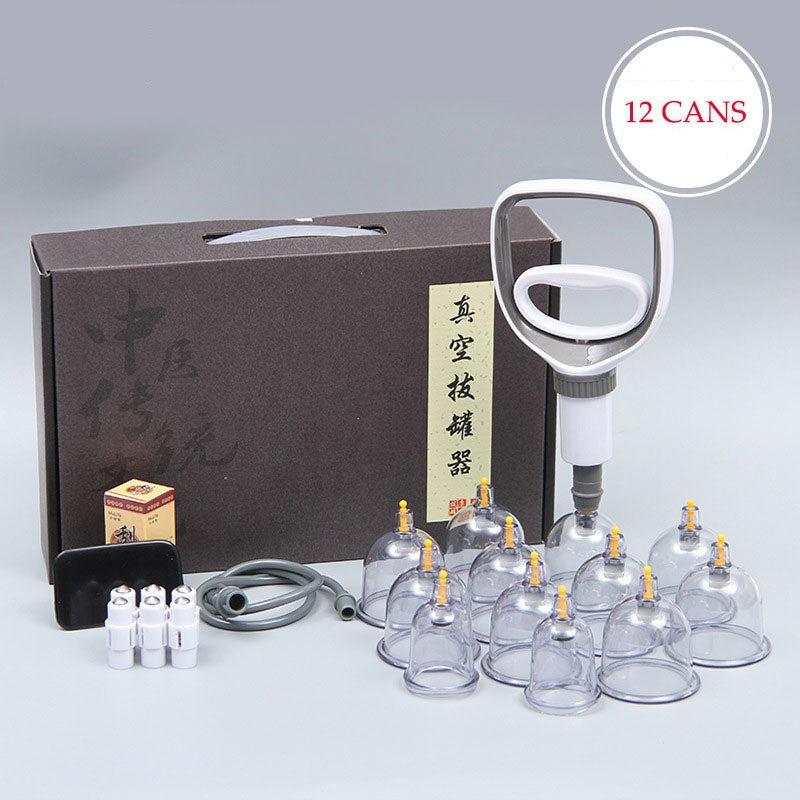 Fitlybuy 12-piece cupping therapy set with clear suction cups, hand pump, extension hose, and carry case.