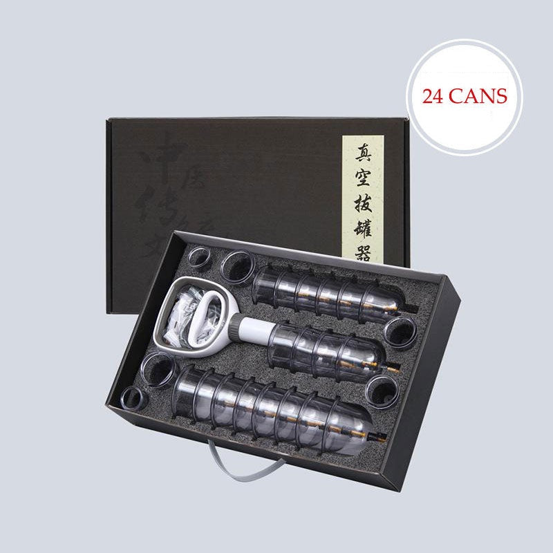 Fitlybuy 24-piece professional cupping therapy set with suction pump, clear cups, and black storage box.