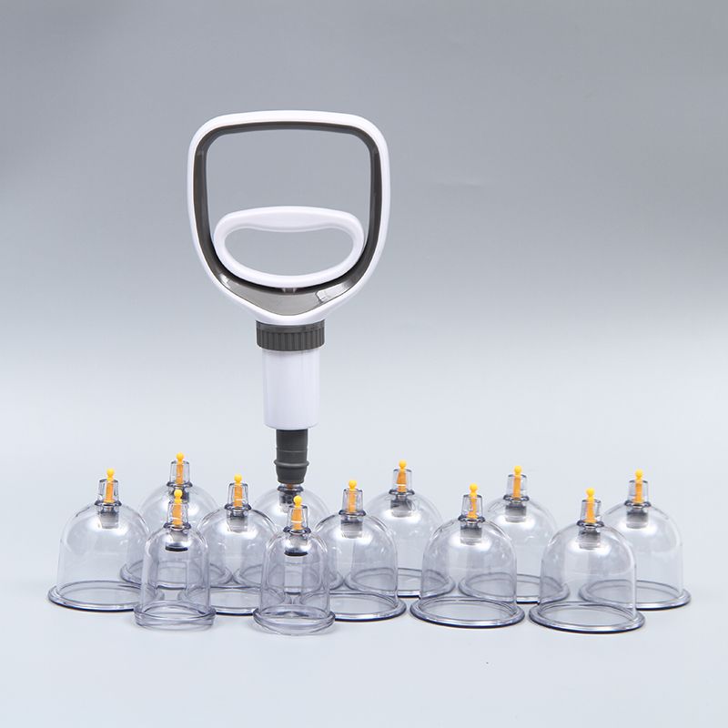 Fitlybuy professional cupping therapy set with a white vacuum hand pump and multiple clear suction cups on gray.