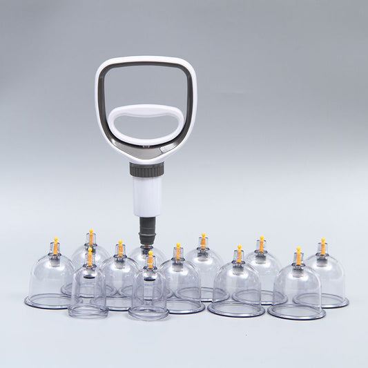 Fitlybuy professional cupping therapy set with a white vacuum hand pump and multiple clear suction cups on gray.