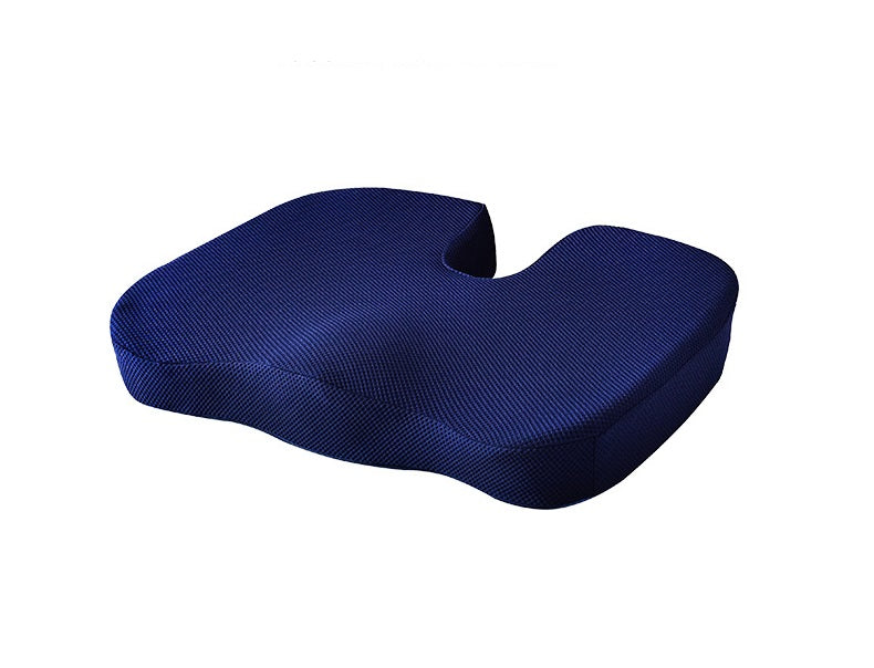 Navy blue, ergonomic Fitlybuy memory foam seat cushion with a contoured U-shaped cutout for posture support.