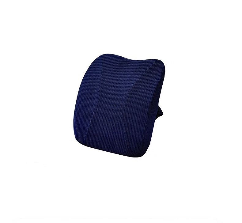 Navy blue Fitlybuy ergonomic memory foam lumbar support cushion for chairs on a plain white background.