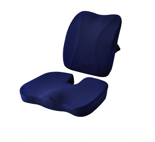 Navy blue ergonomic memory foam seat cushion and backrest set with contoured design for support on a white background.