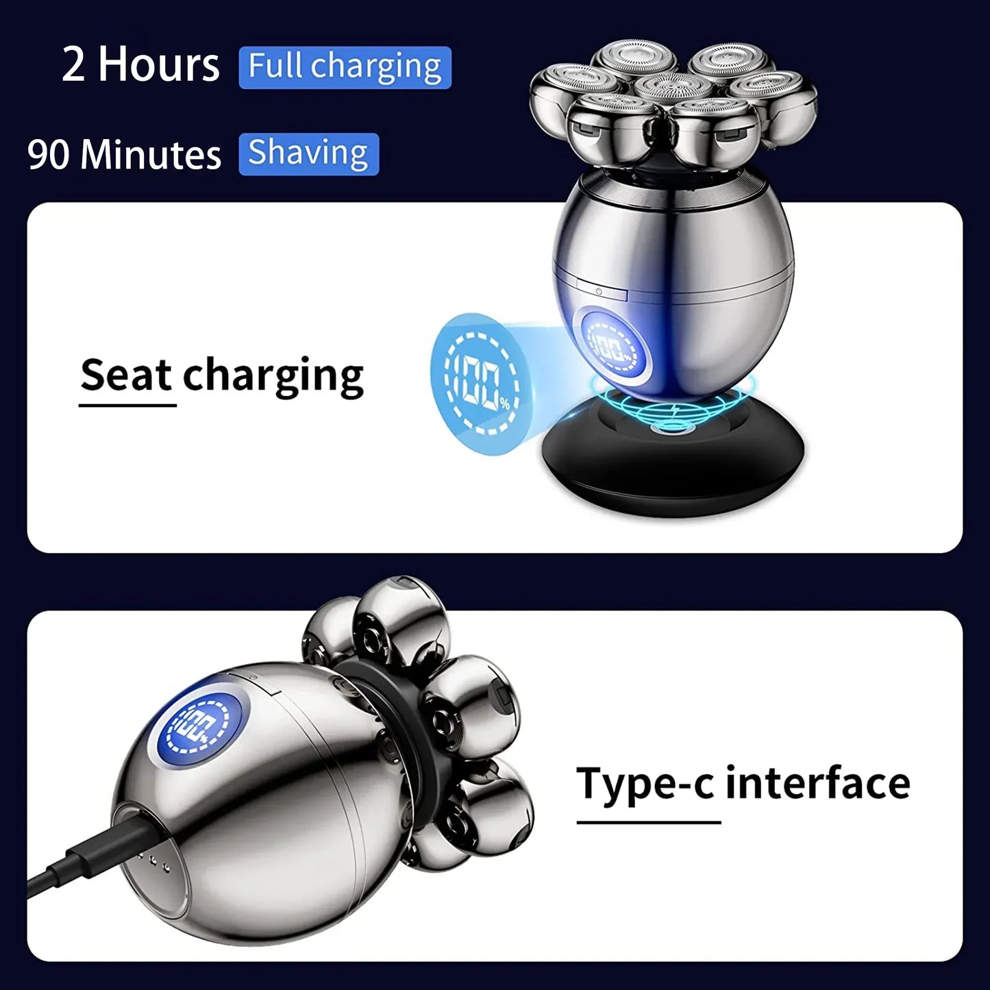 Fitlybuy FlexiShave Pro 7D silver electric razor showing charging base, LED display, and Type-C charging cable.