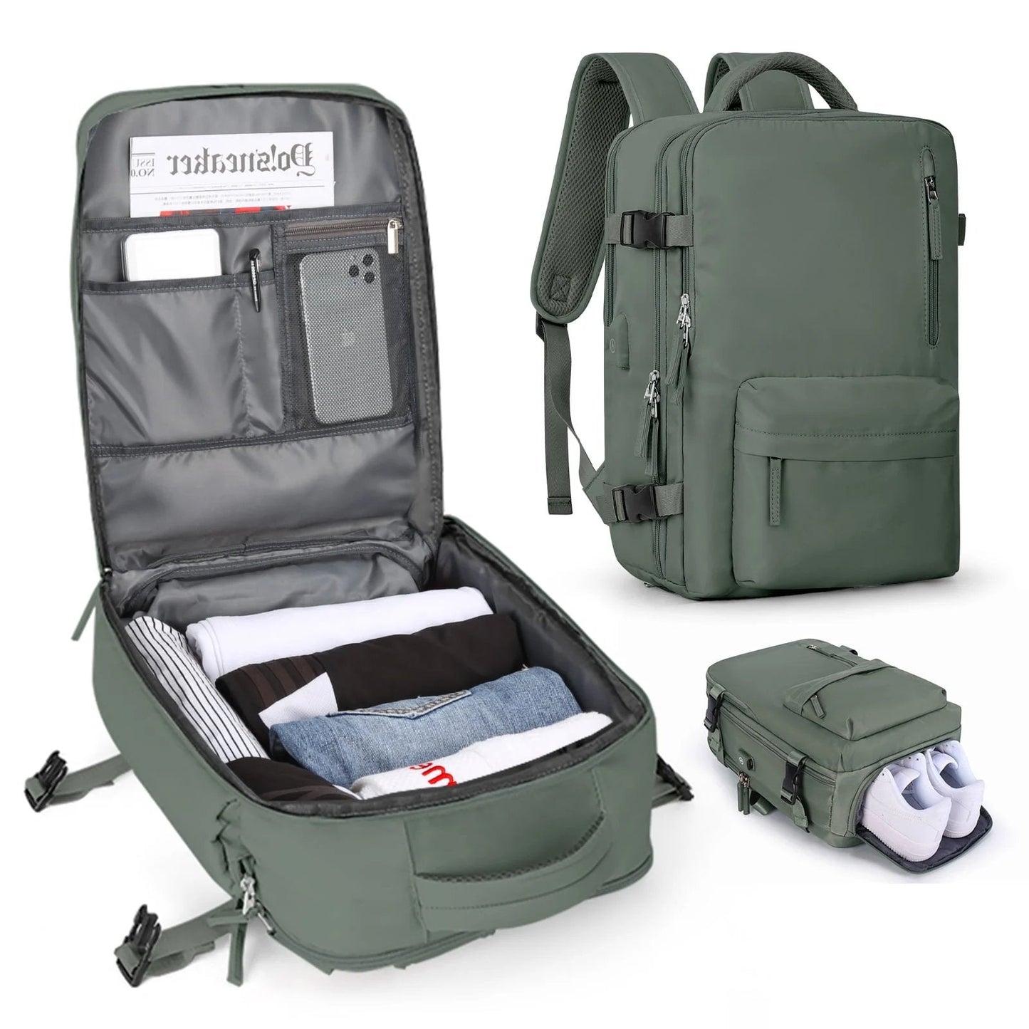 Sage green Fitlybuy travel backpack showing internal organization, clothes packing, and a dedicated shoe compartment.