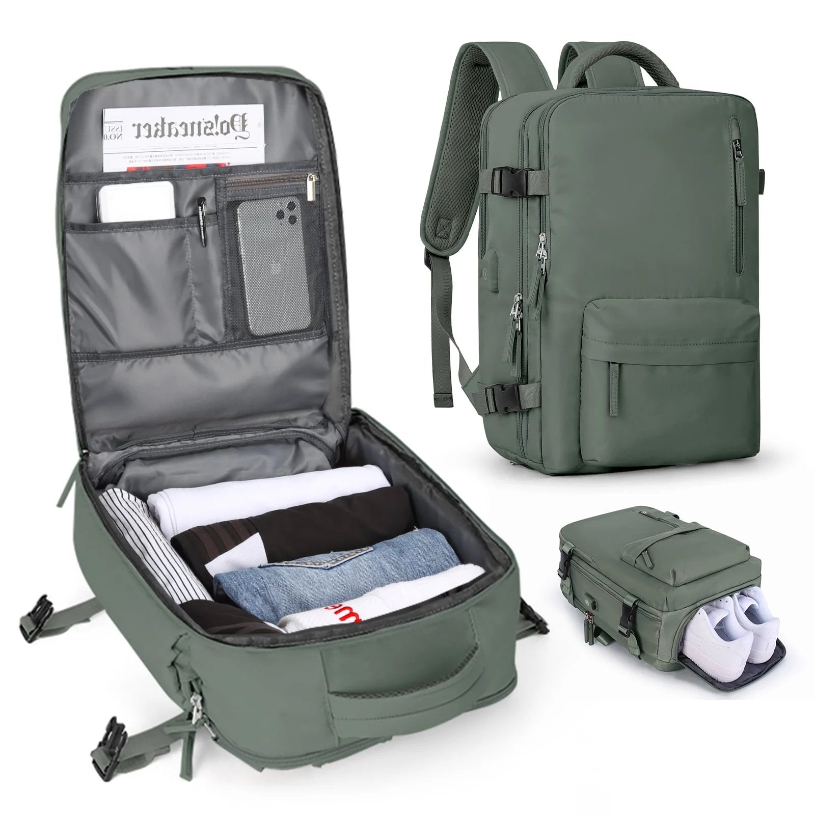 Sage green Fitlybuy travel backpack showing internal organization, clothes packing, and a dedicated shoe compartment.
