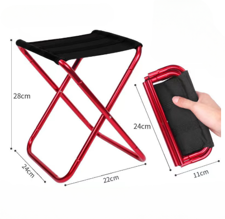 Fitlybuy ultra-compact camping stool: red aluminum frame, black seat, foldable design, shown unfolded and folded.