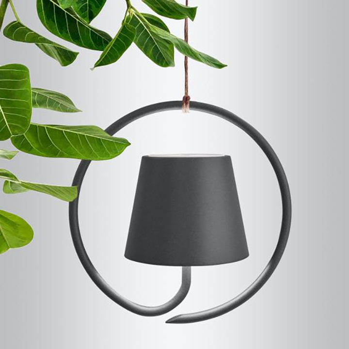 Fitlybuy LumiCord wireless black LED hanging lamp with a circular frame, suspended near green plant leaves.