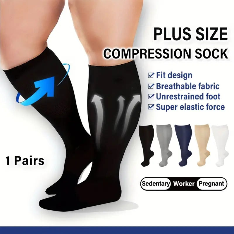 Fitlybuy VitalFlow plus-size black compression socks showing breathable, elastic circulation support for all-day comfort.