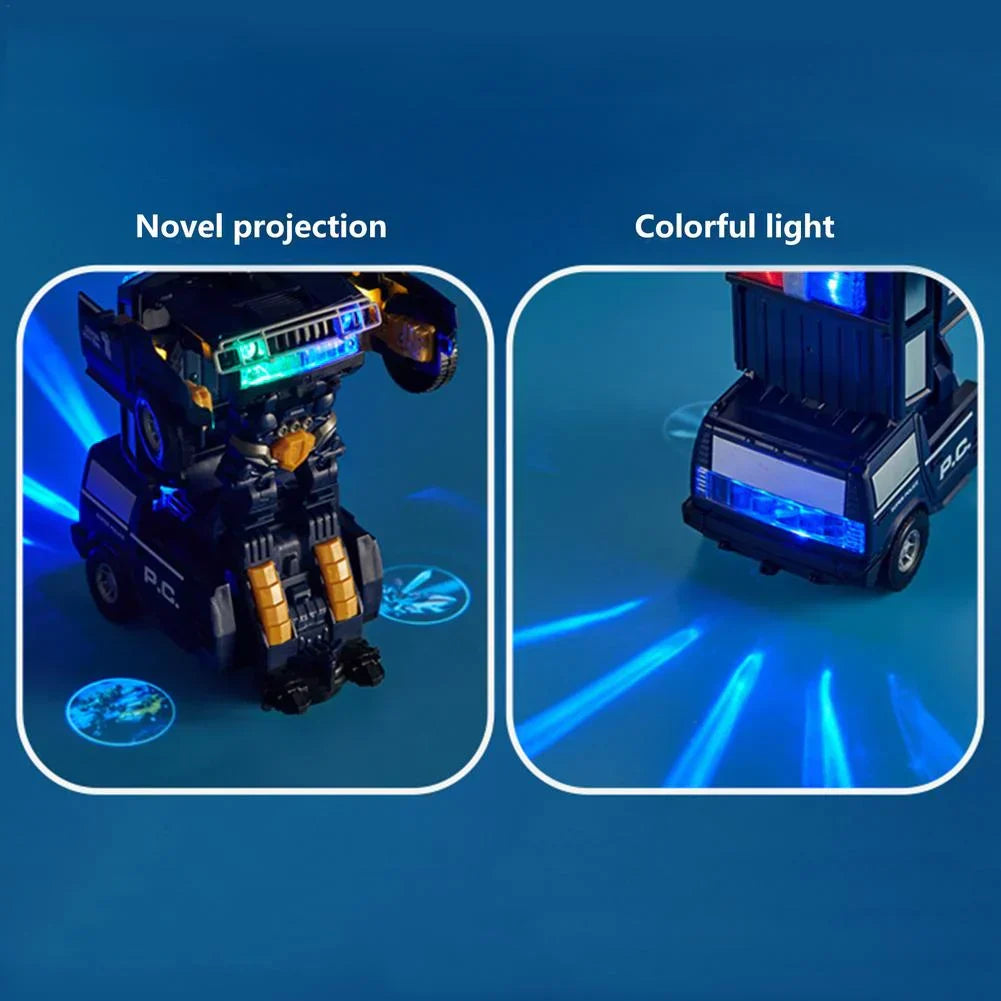 Fitlybuy 2-in-1 navy blue police car toy transforming into a robot with colorful LED lights and floor projections.