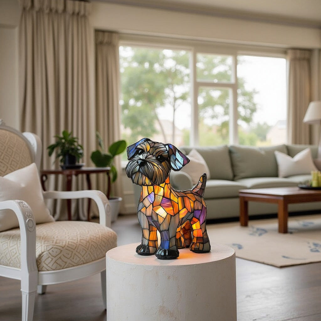 Fitlybuy GlowPaw stained-glass dog lamp in warm orange, blue, and brown tones, displayed on a pedestal in a living room.