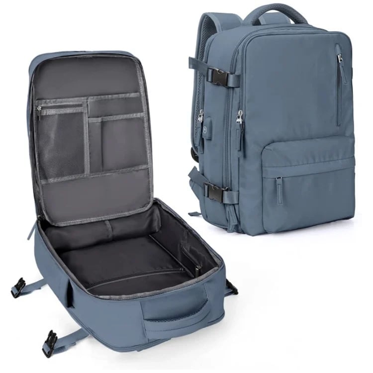 Blue Fitlybuy travel backpack, shown closed and open with organized interior pockets, USB port, and buckled straps.