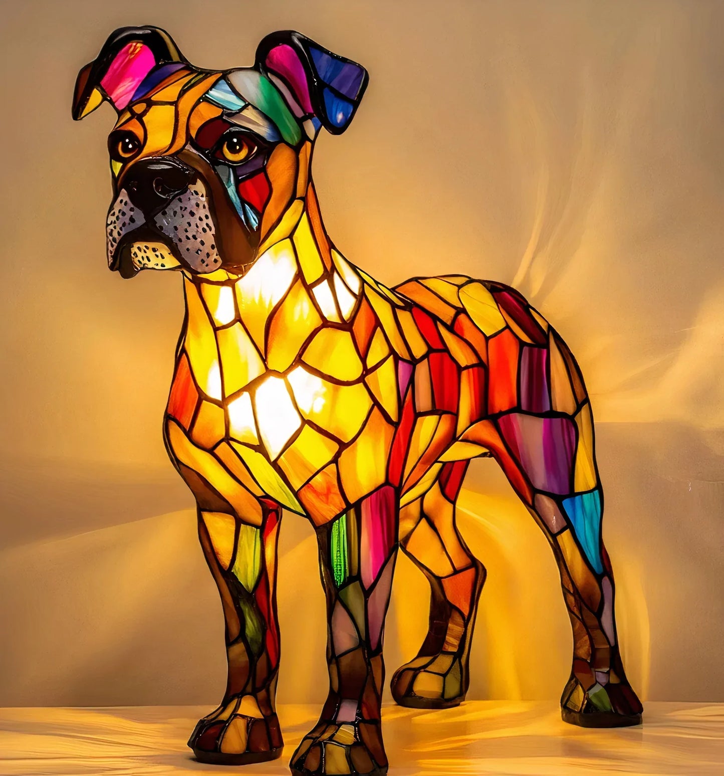 Fitlybuy GlowPaw boxer dog lamp with colorful stained-glass style acrylic pieces, illuminated by warm internal light.
