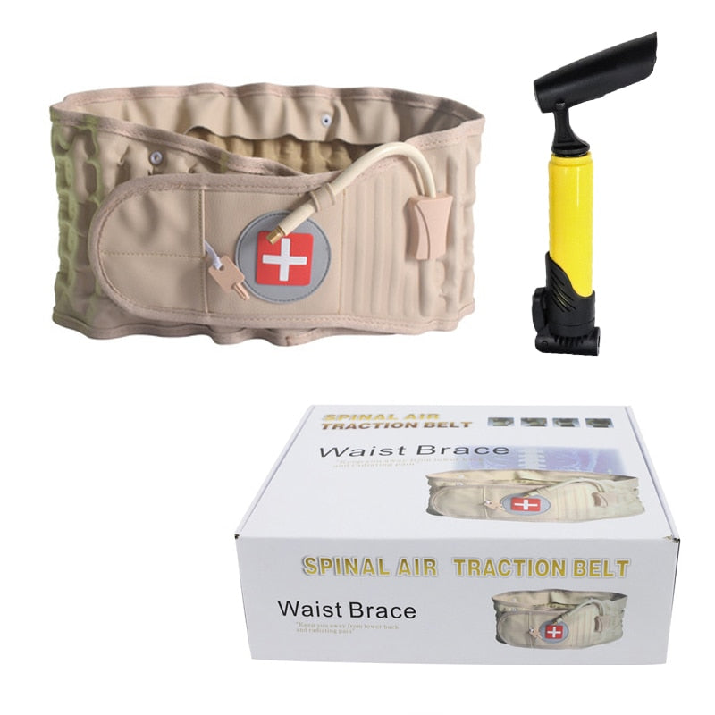 Fitlybuy beige decompression back belt with air valve, yellow hand pump, and branded Spinal Air Traction Belt retail box.