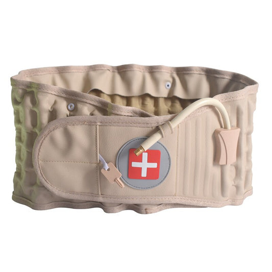 Beige Fitlybuy decompression back belt featuring an inflatable lumbar support tube and a red medical cross emblem.