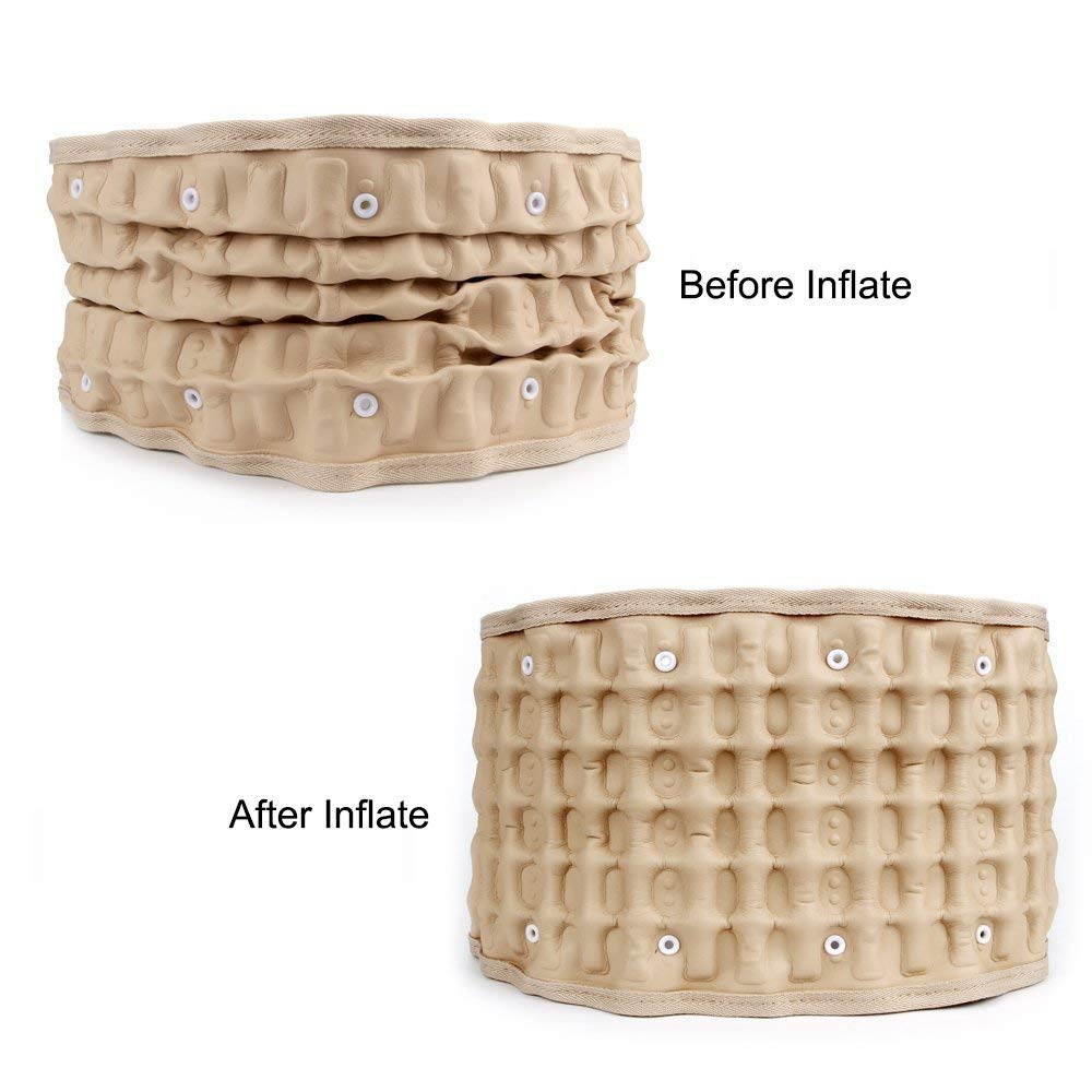 Fitlybuy beige decompression back belt, shown deflated and inflated, featuring lumbar support technology.