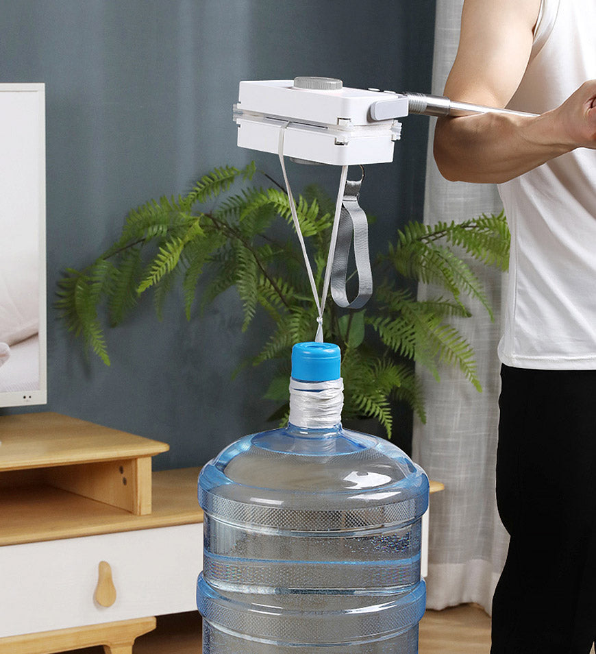 Fitlybuy white magnetic window cleaner with telescopic handle holding a heavy water jug as a strength demonstration.