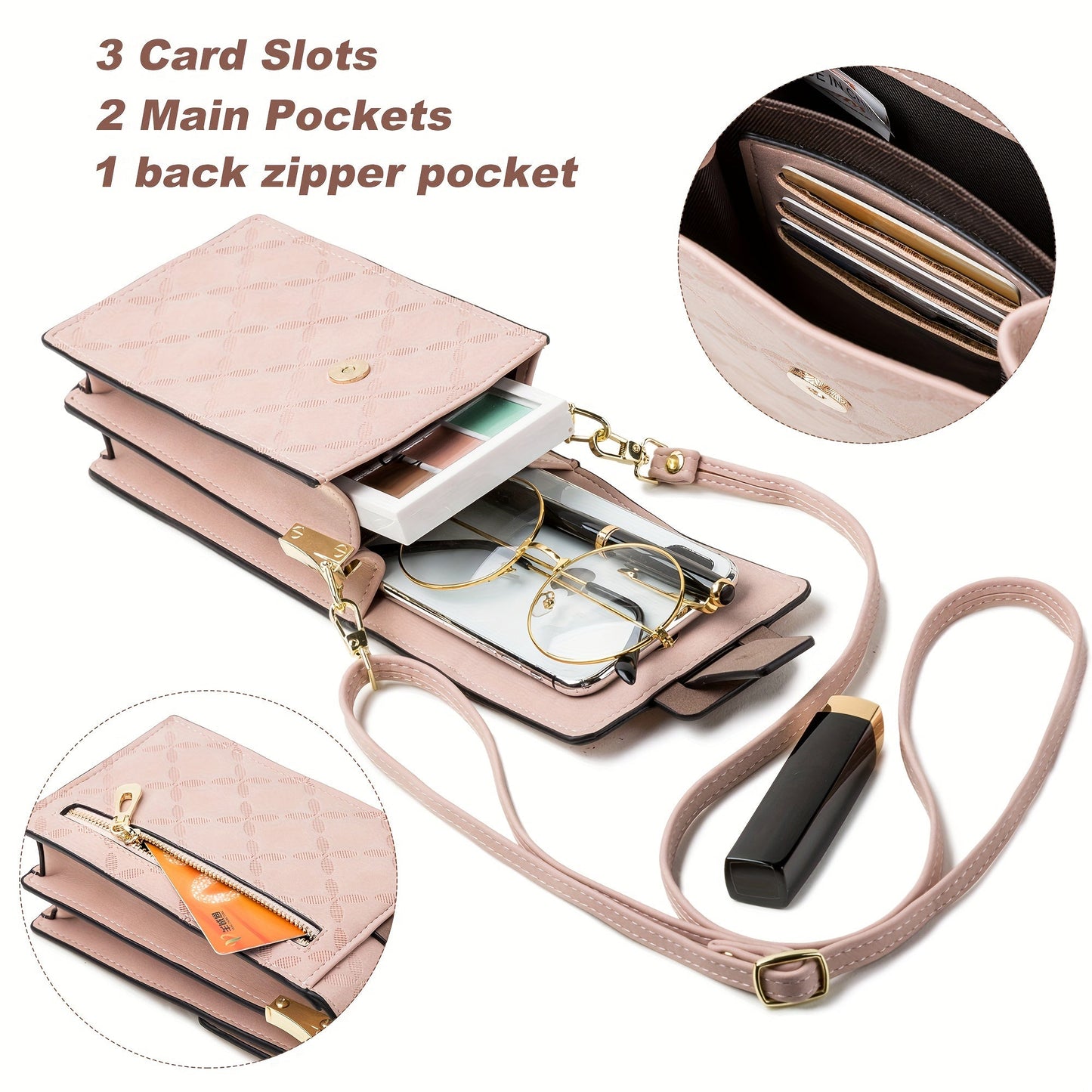 Fitlybuy Lily light pink anti-theft crossbody bag with 3 card slots, 2 main pockets, and 1 rear zipper pocket.