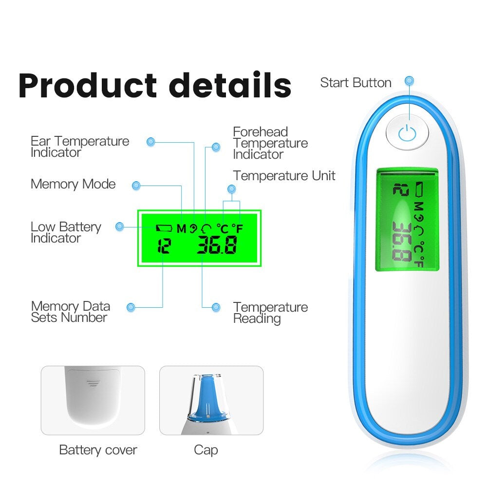 Fitlybuy digital forehead thermometer with blue accents, featuring a green LCD screen, start button, and feature diagram.
