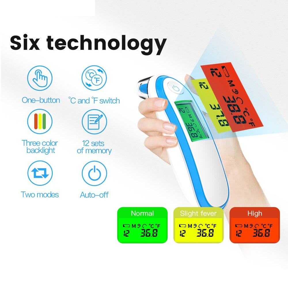 Fitlybuy digital forehead thermometer, white and blue, showing three-color backlit screen fever alerts and six features.