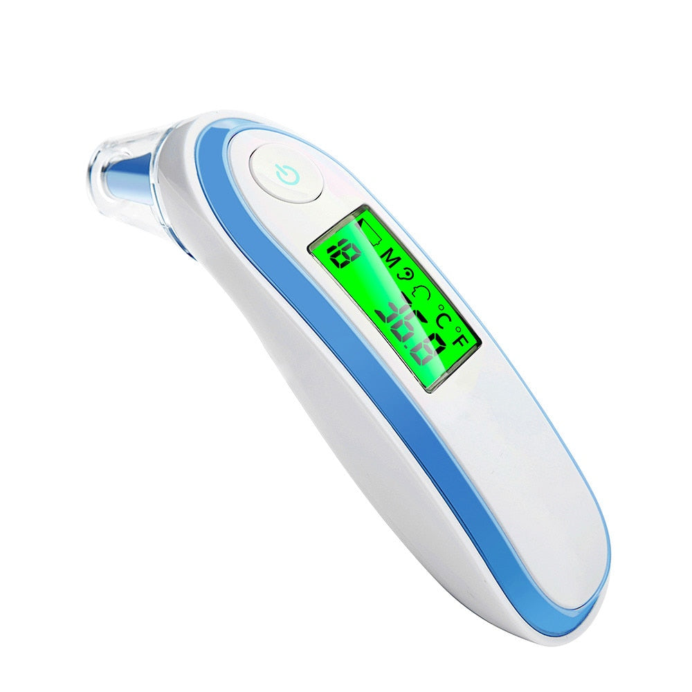 Fitlybuy digital forehead thermometer, white and blue design with a backlit green digital display against a white background.
