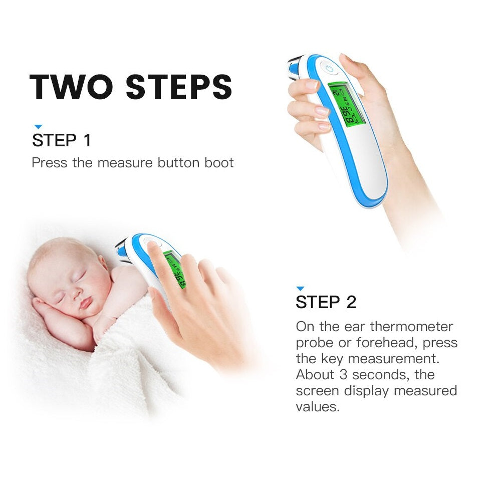 White and blue Fitlybuy digital forehead thermometer, shown in two steps for measuring a baby's temperature.