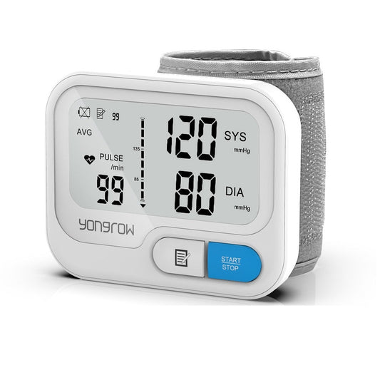 Fitlybuy white digital wrist blood pressure monitor with grey cuff, showing 120/80 mmHg reading on an LCD screen.