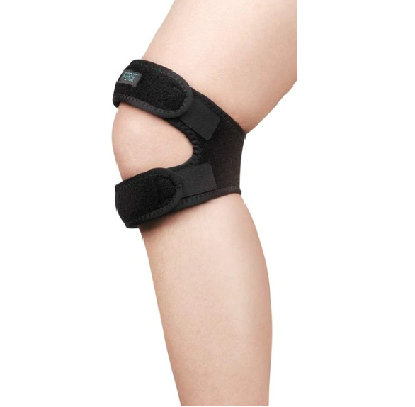 Black Fitlybuy knee patella strap with adjustable dual compression straps worn on a person's knee for joint support.