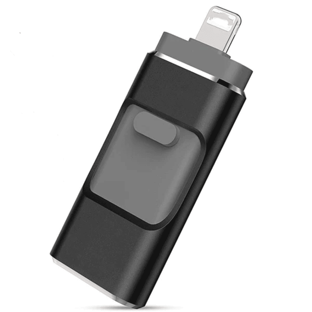 Fitlybuy PhoneStick: A sleek black and gray mobile photo backup drive with a built-in Lightning connector.
