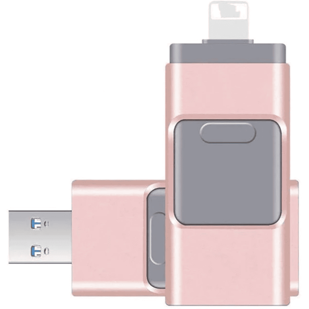 Rose gold Fitlybuy PhoneStick backup drive with Lightning and USB connectors for easy file transfer.