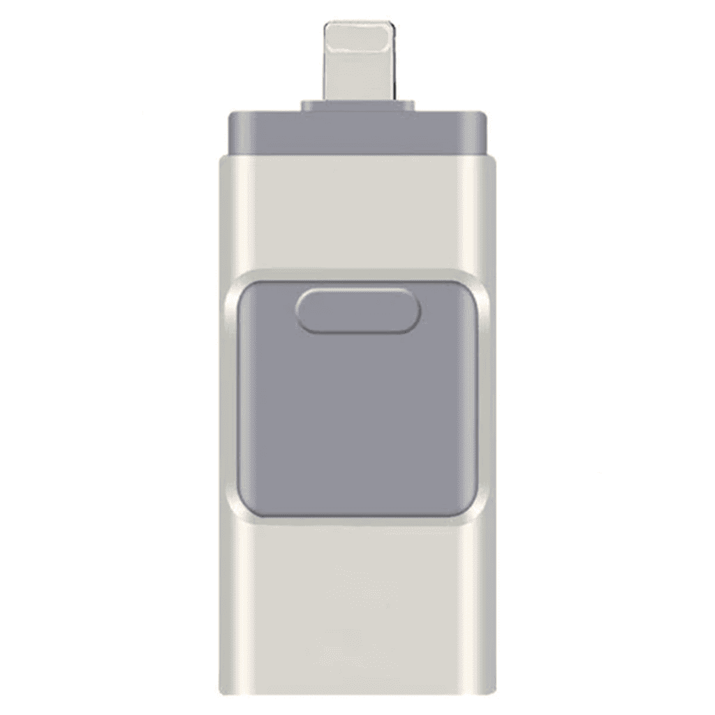 Fitlybuy PhoneStick silver USB backup drive with a gray top connector and square center button on a white background.
