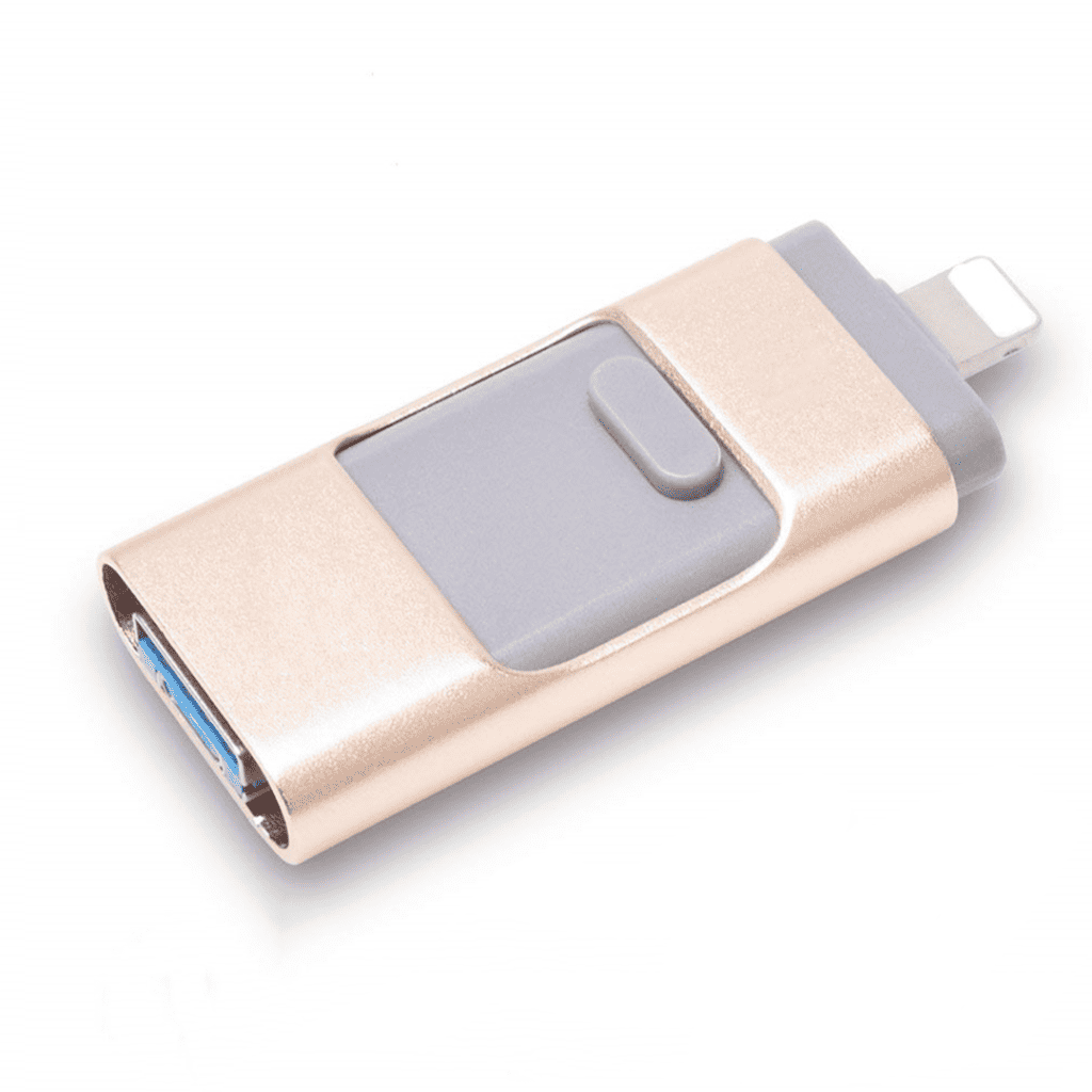 Fitlybuy PhoneStick gold and gray backup drive with a USB and Lightning connector for instant mobile storage.